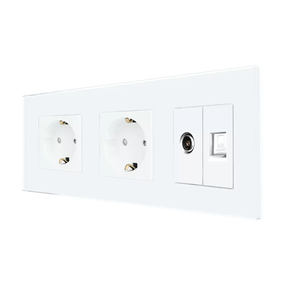 Priza Dubla Schuko + TV + Internet cu Rama Din Sticla LUXION