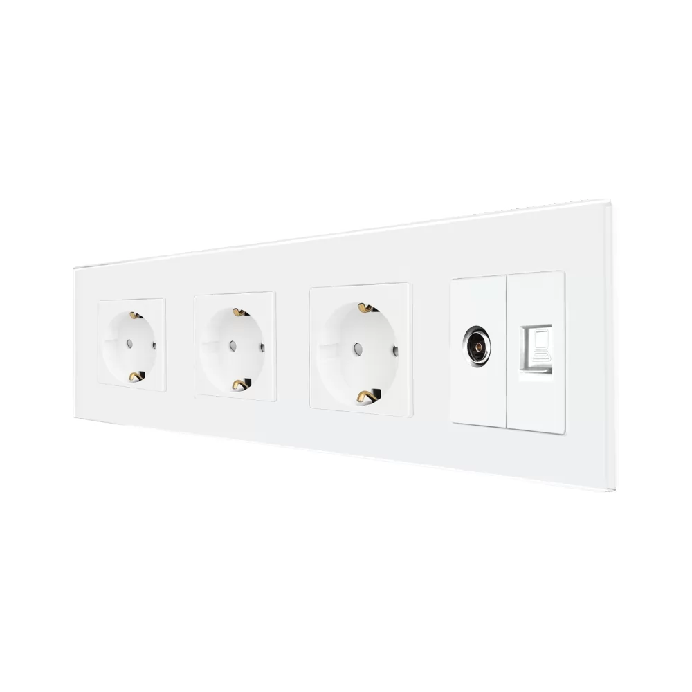 Priza Tripla Schuko + TV + Internet cu Rama Din Sticla LUXION