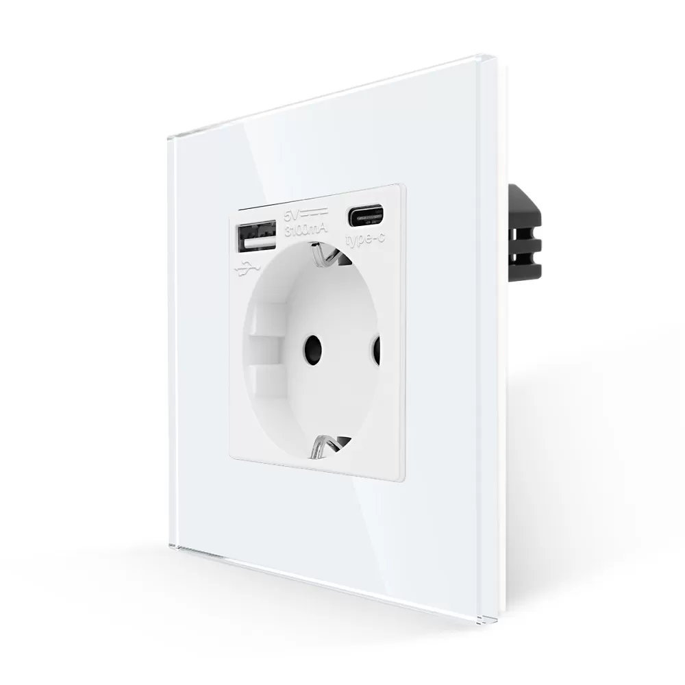 Priza Simpla + USB-A + USB-C LUXION cu Rama din Sticla