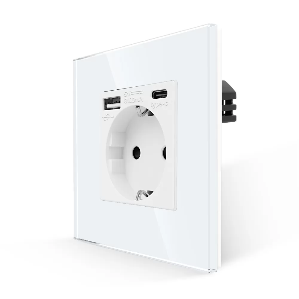 Priza Simpla + USB-A + USB-C LUXION cu Rama din Sticla