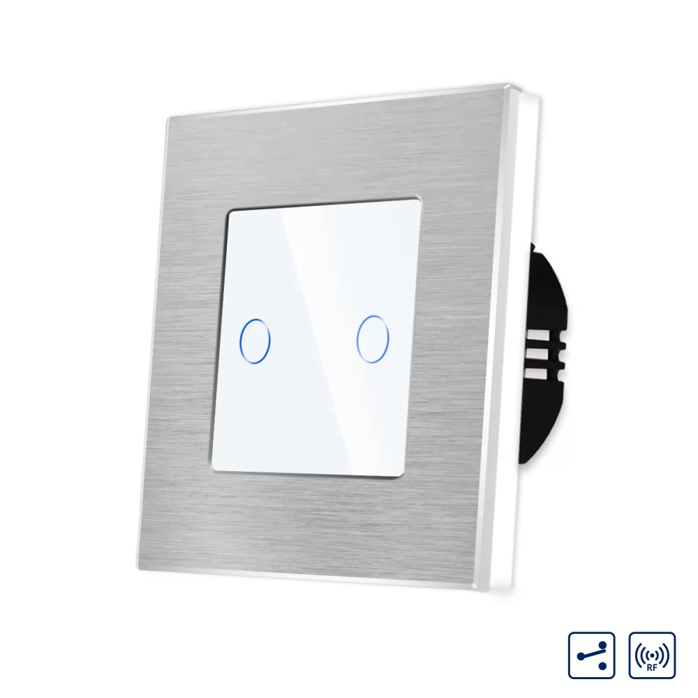 Intrerupator Dublu Cap Scara Cruce cu Touch din Sticla si Rama de Aluminiu LUXION, RF433