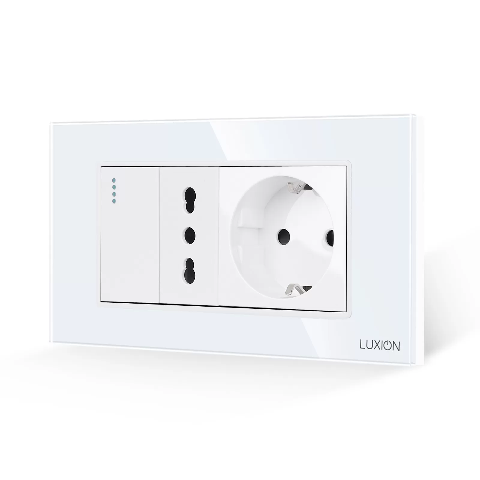 Intrerupator Simplu + Priza Ingusta + Priza Schuko cu Rama din Sticla LUXION, Standard Italian, 4M