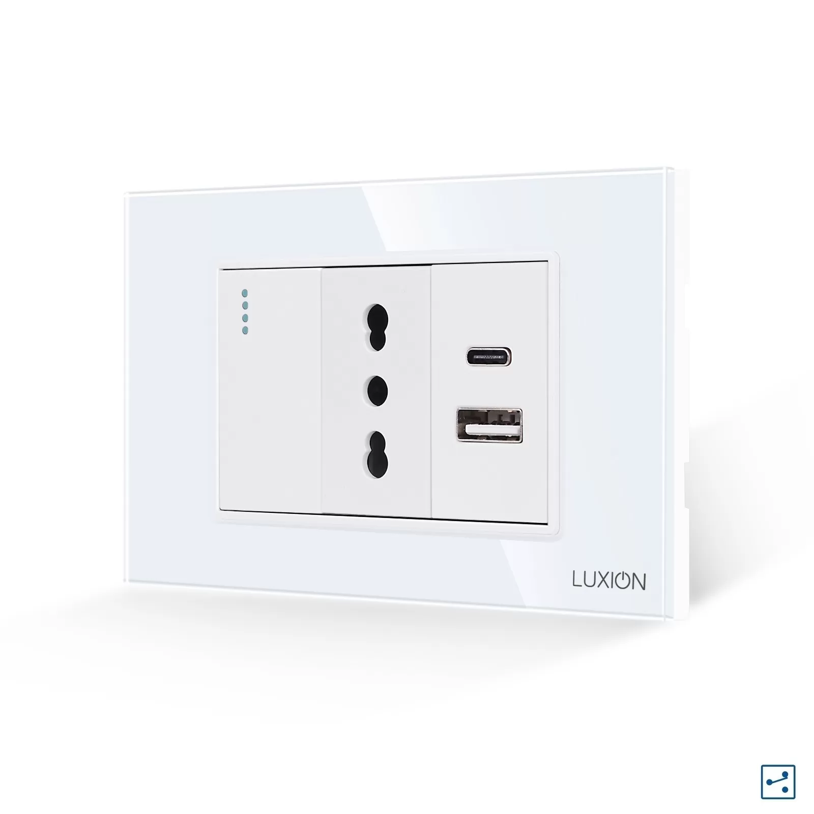 Intrerupator Simplu Cap Scara + Priza Ingusta si USB A+C cu Rama din Sticla LUXION, Standard Italian, 3M