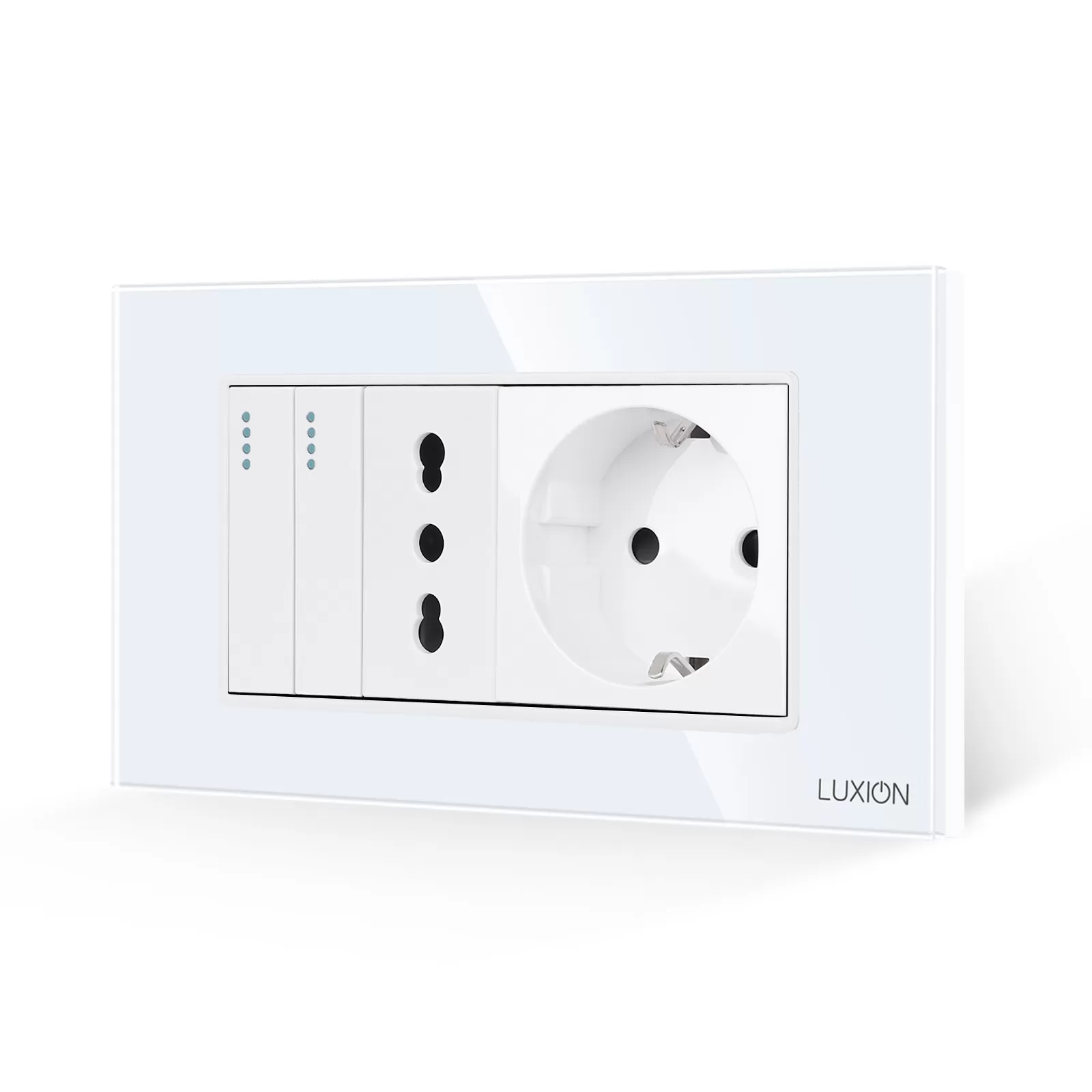 Intrerupator Dublu + Priza Ingusta + Priza Schuko cu Rama din Sticla LUXION, Standard Italian, 4M