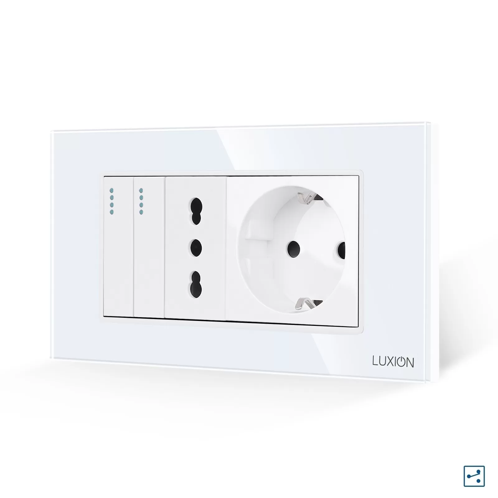 Intrerupator Dublu Cap Scara + Priza Ingusta + Priza Schuko cu Rama din Sticla LUXION, Standard Italian, 4M