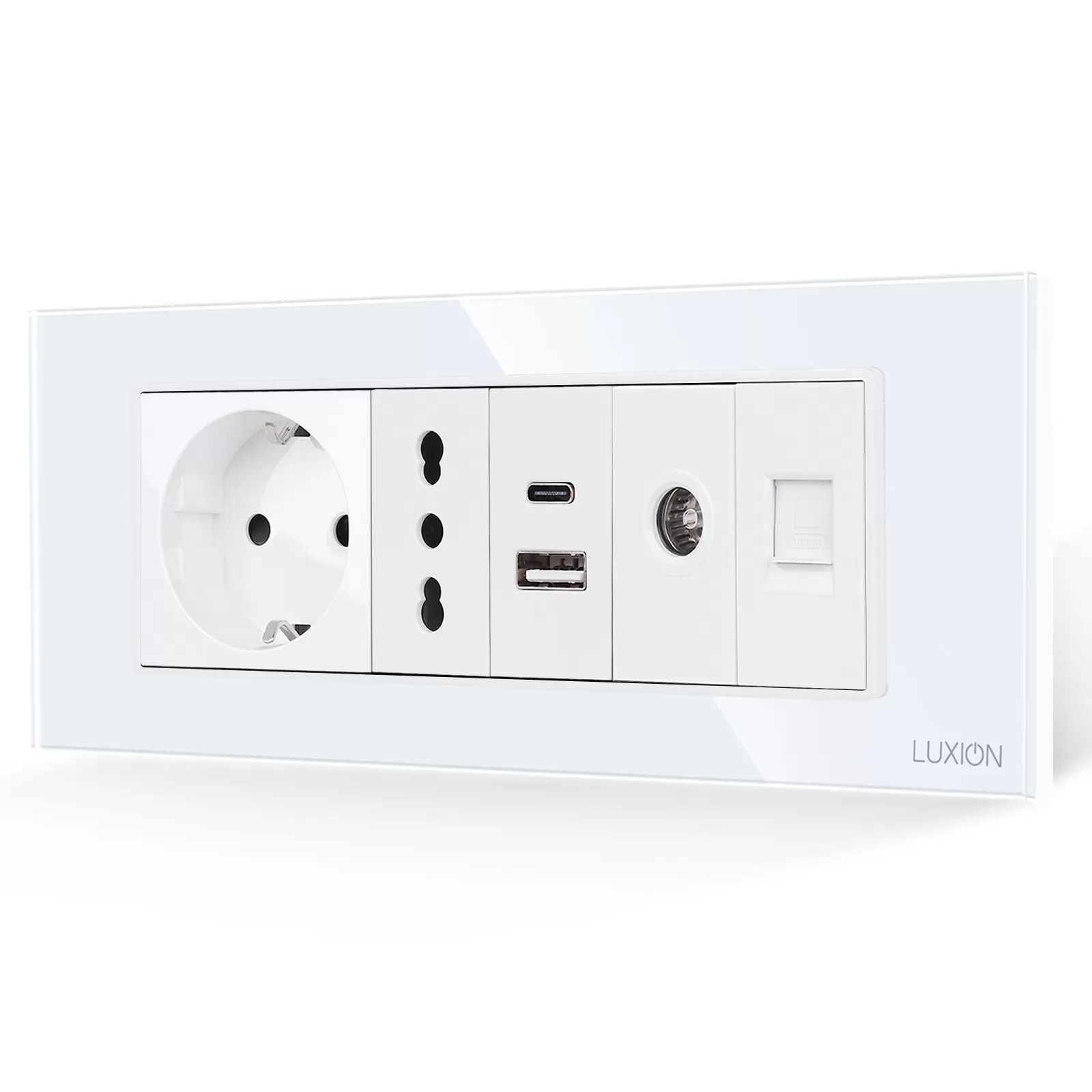 Priza Schuko + Ingusta + Dubla USB + TV + Internet cu Rama Din Sticla LUXION, Standard Italian, 6M