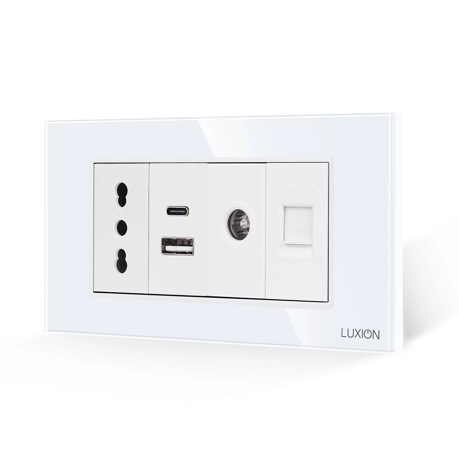 Priza Ingusta + Dubla USB + TV + Internet cu Rama Din Sticla LUXION, Standard Italian, 4M