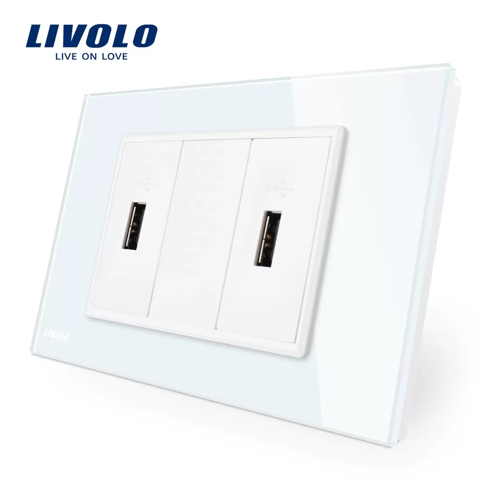Priza dubla USB Livolo cu rama din sticla si #8211; standard italian