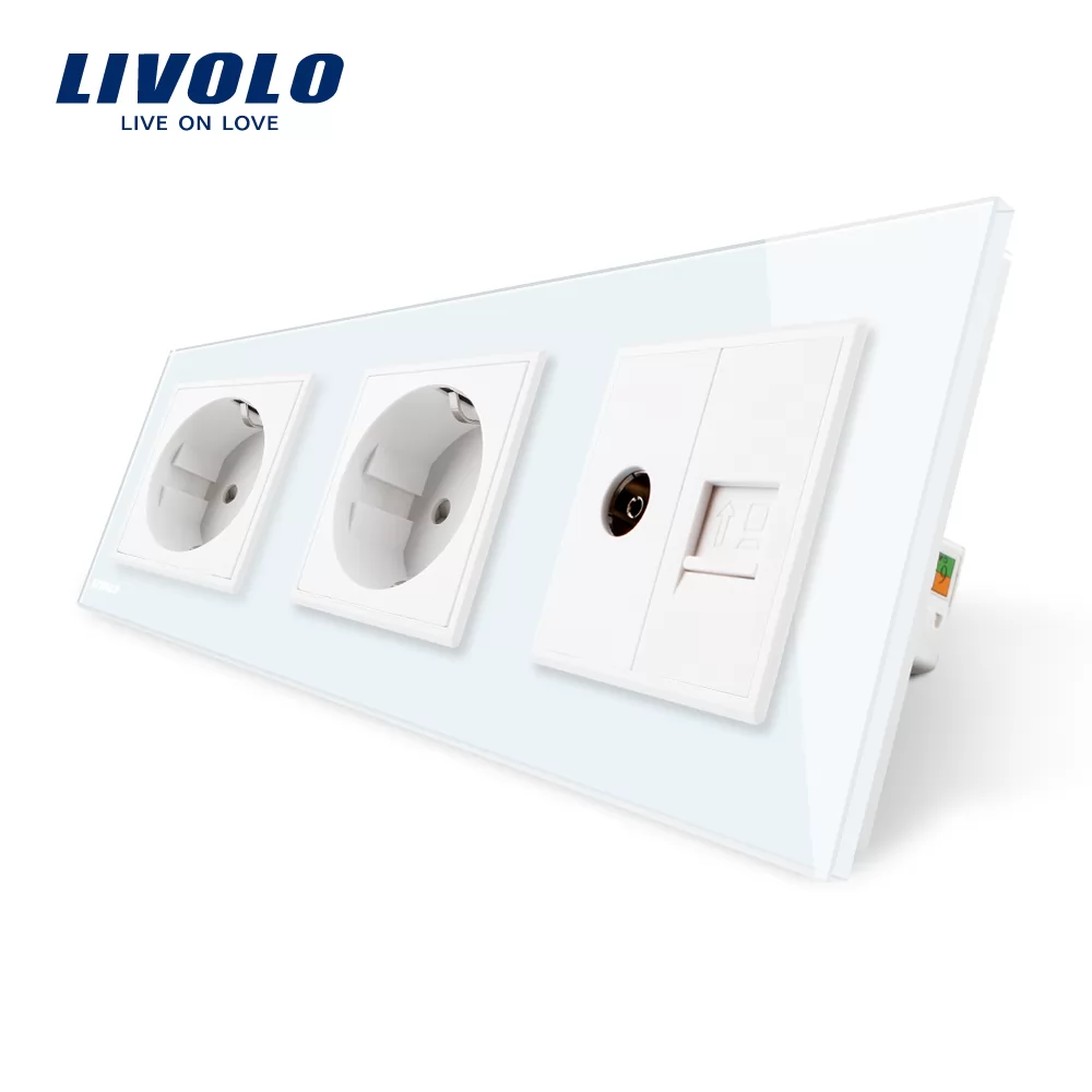 Priza tripla Livolo cu rama din sticla 2 prize simple+TV internet