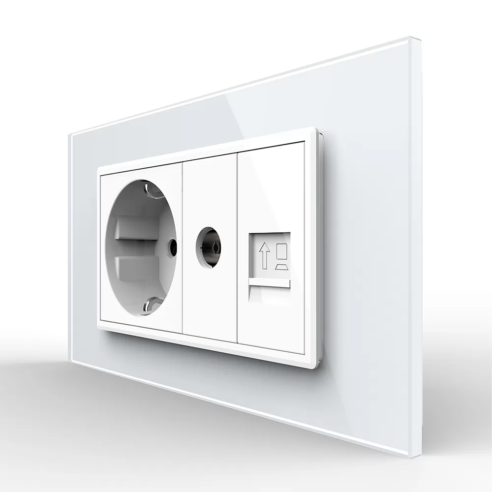Priza Dubla Livolo cu Rama din Sticla 1 Priza Schuko+TV internet, Standard Italian si #8211; Serie Noua