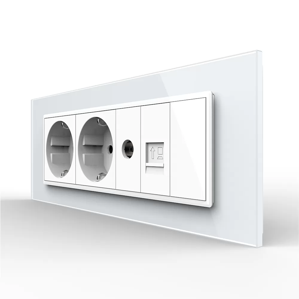 Priza Tripla cu Blank Livolo cu Rama din Sticla 2 Prize Schuko+TV internet, Standard Italian si #8211; Serie Noua