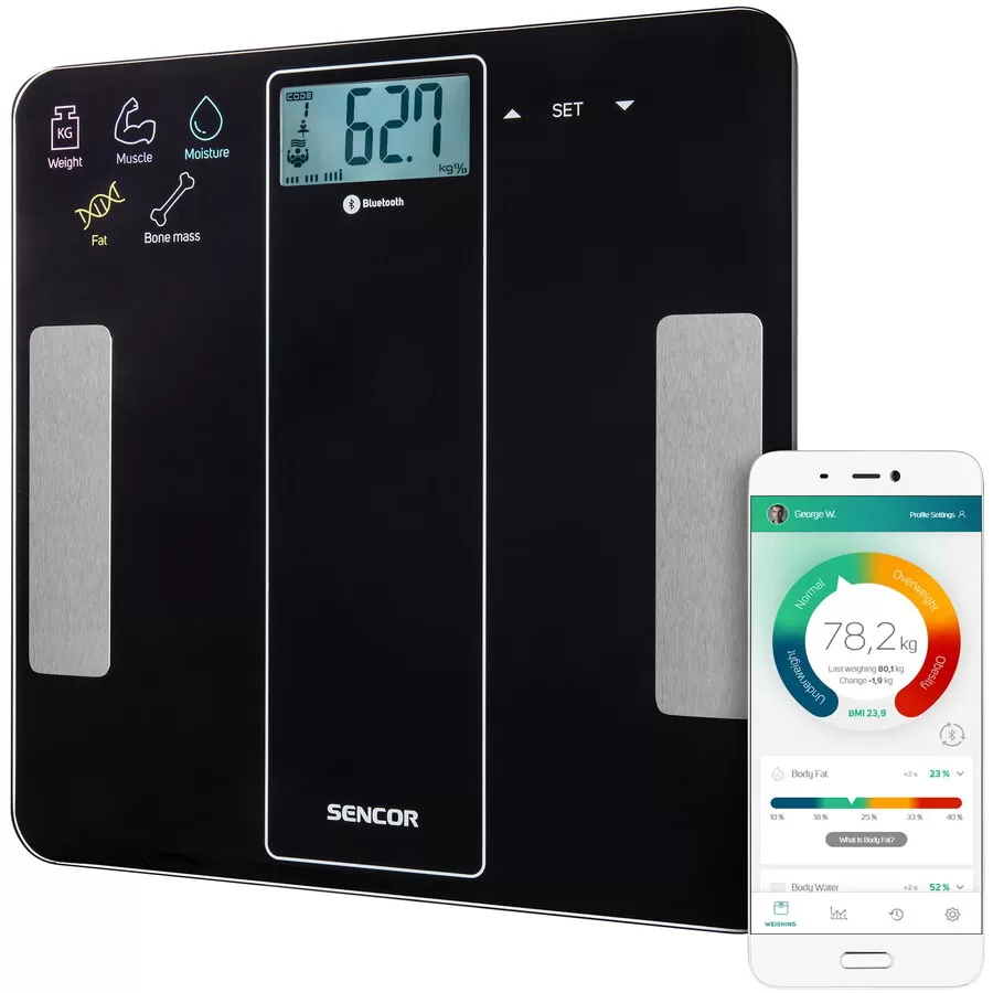 Cantar corporal Sencor SBS 8000BK, 12 utilizatori, 180 kg, Bluetooth, App, Negru