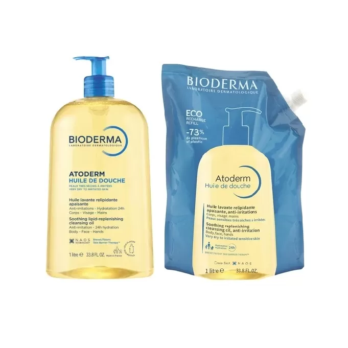 Pachet Bioderma Ulei de dus pentru piele sensibila si uscata Atoderm 1000 ml + Rezerva eco ulei de dus Atoderm, 1000 ml