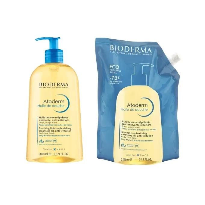 Pachet Bioderma Ulei de dus pentru piele sensibila si uscata Atoderm 500 ml + Rezerva eco ulei de dus Atoderm, 1000 ml