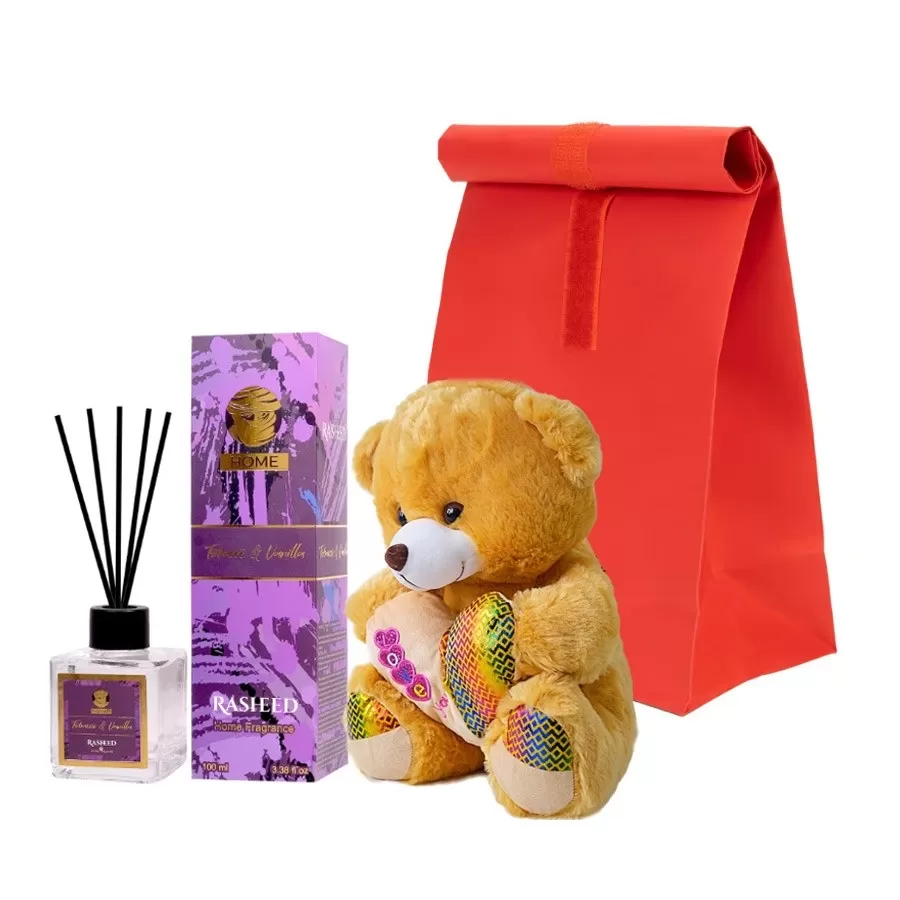 Set Aromateddy cu ursulet de plus si parfum camera in punga cadou