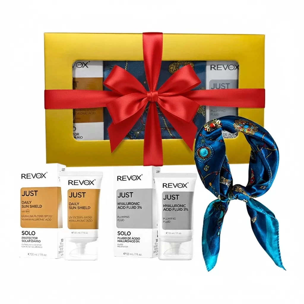 Set Elysa - Ser Revox Hyaluronic Acid 3% 30ml, Crema SPF50 Revox 30ml, Esarfa albastra