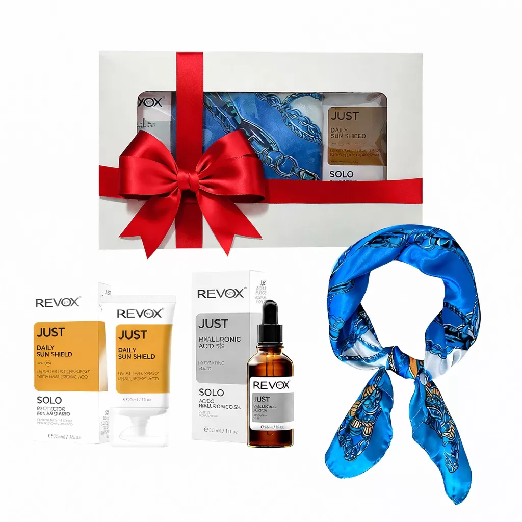 Set Elysa - Ser Revox Hyaluronic Acid 5% 30ml, Crema SPF50 Revox 30ml, Esarfa albastra