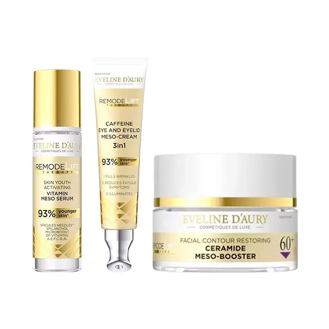 Set Eveline D'Aury 60+, Remodelift Therapy, cu Crema de fata 50 ml, Ser vitaminizant 30 ml si Crema pentru ochi si pleoape 20 ml