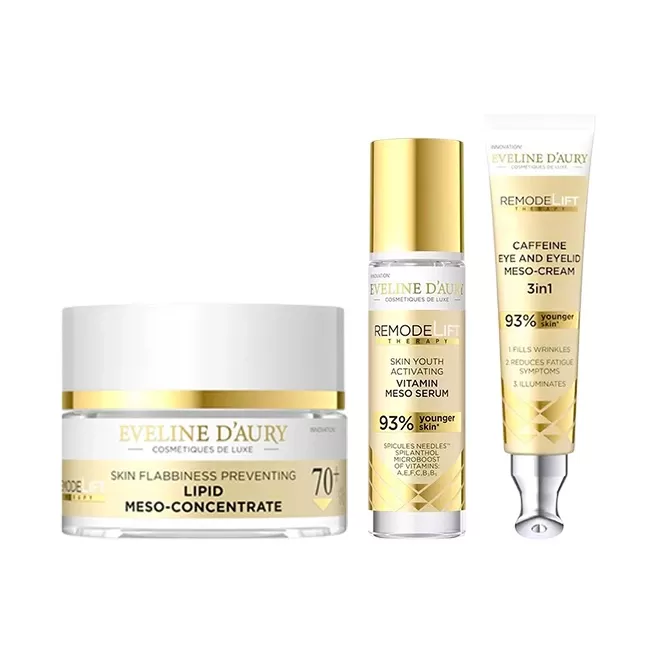 Set Eveline D'Aury 70+, Remodelift Therapy, cu Crema de fata 50 ml, Ser vitaminizant 30 ml si Crema pentru ochi si pleoape 20 ml