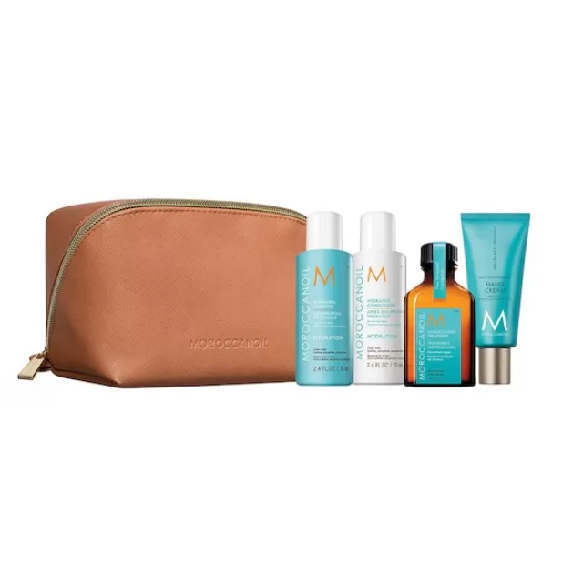 Set Hydration Essentials, Moroccanoil, Sampon 70ml, Balsam 70 ml, Crema de maini 40 ml, Tratament ulei de par pentru toate tipurile de par 25ml