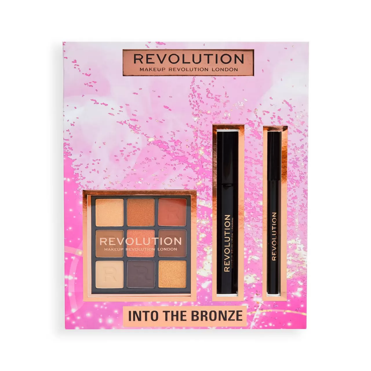 Set Makeup Revolution Into The Bronze Eye, Paleta de fard de pleoape Ultimate Desire 9x0,9 g + Rimel negru de volum si alungire 8 g + Eyeliner Kajal negru 1 g