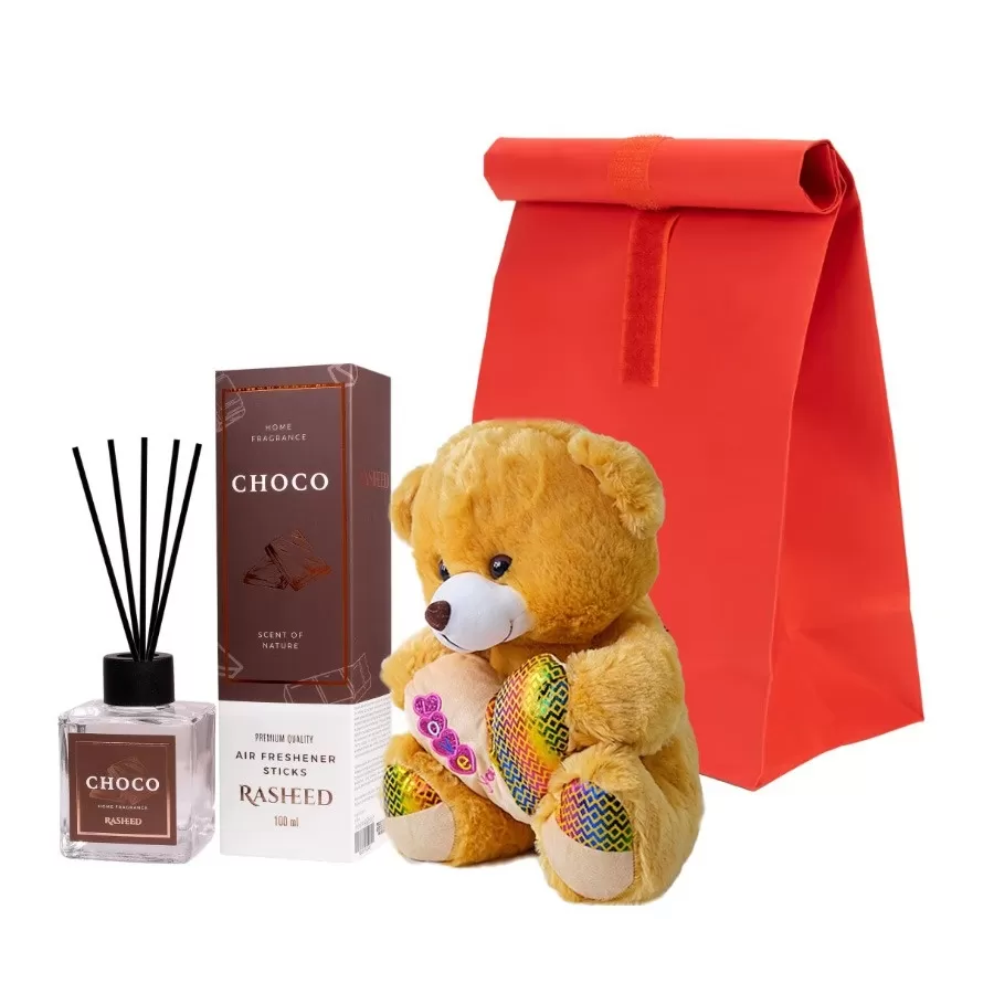 Set Teddyfume cu ursulet de plus si parfum camera in punga cadou