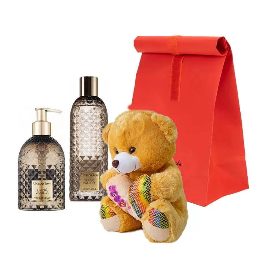 Set Teddyglow cu ursulet de plus, Sapun lichid, 300 ml si Gel de dus, 300 ml