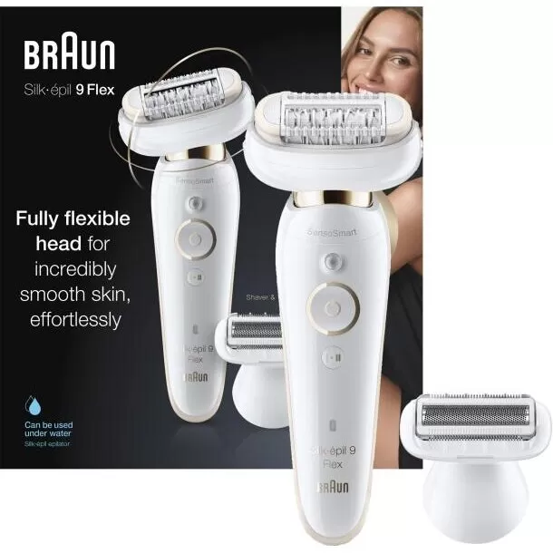 Epilator Silk-epil 9 Flex 9002 (234746) Wet si Dry 40 Pensete Cap de Ras Alb Auriu