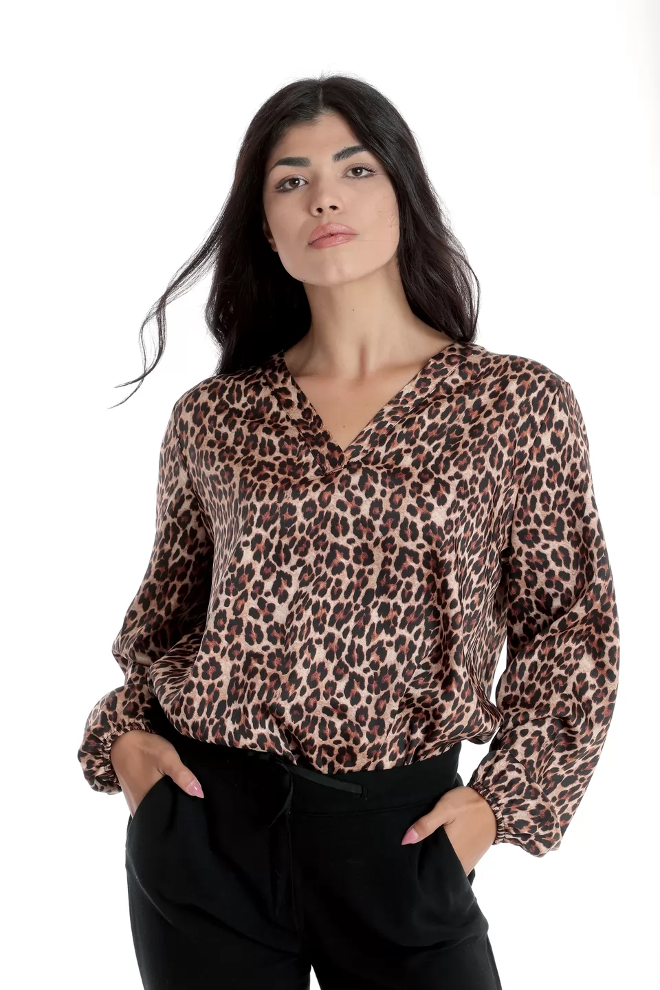 Bluza Dama cu Decolteu in V, Satin Leopard, Maro