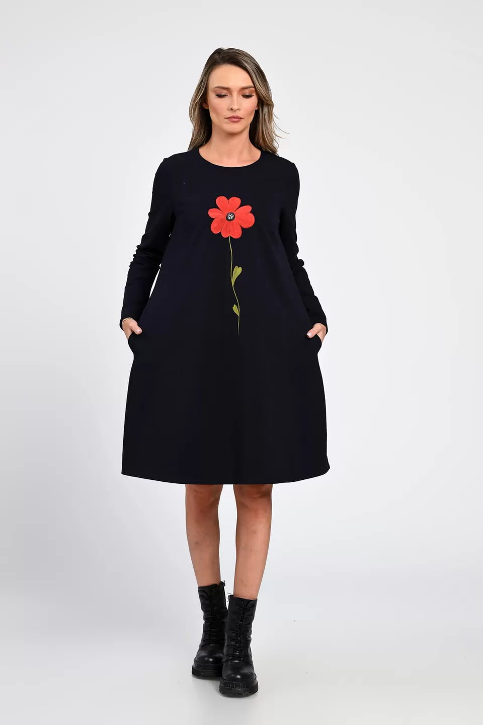 Rochie Dama, Eranthe, A-Line, cu Buzunare Laterale si Pictura Realizata Manual V364