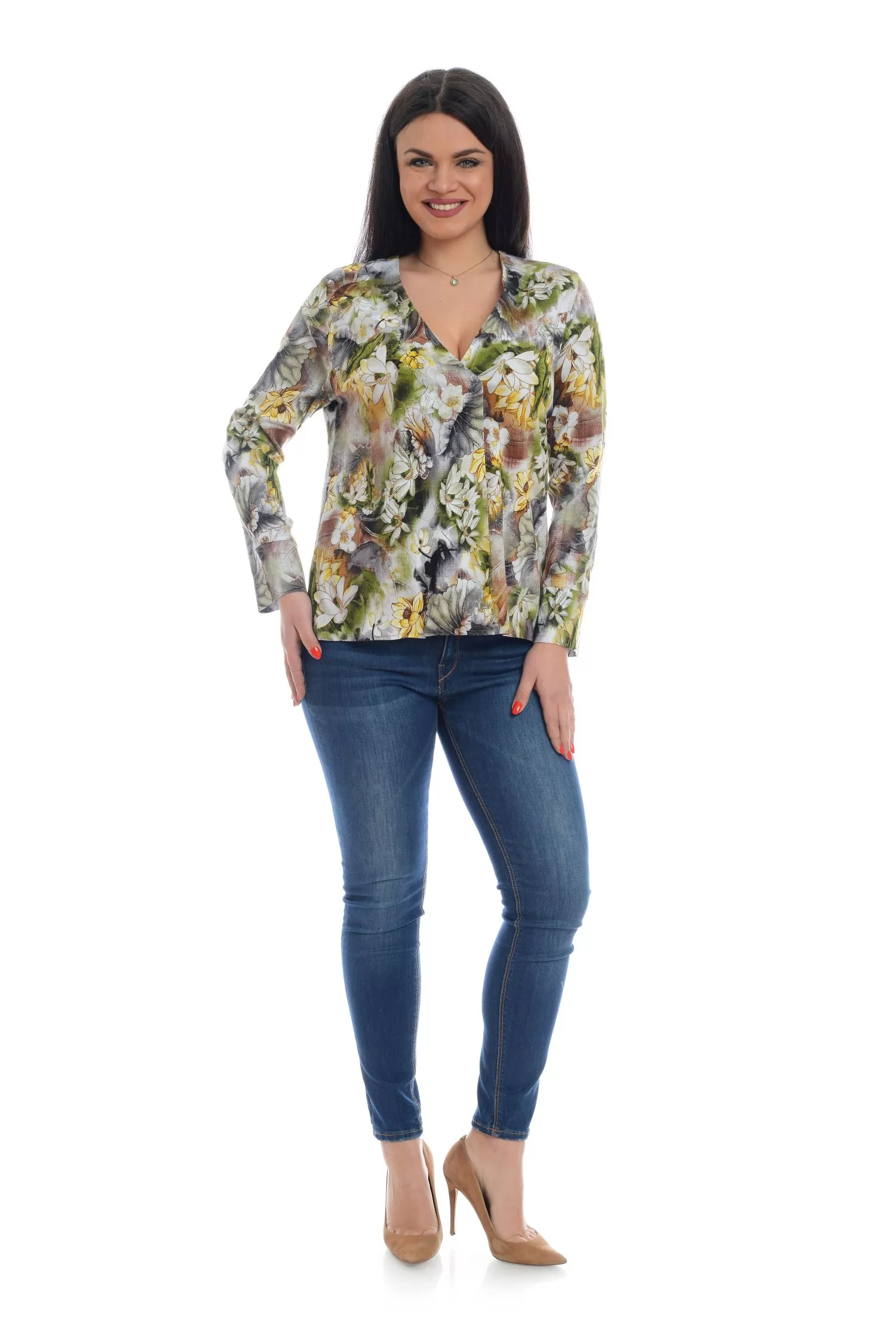 Bluza Dama, Multicolora, cu Imprimeu Floral si decolteu V
