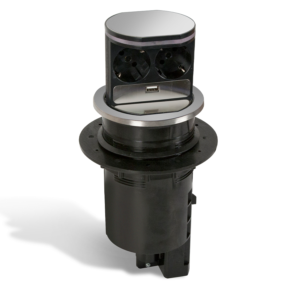 Sistem cilindric de prize incorporabile in birou Evocoon-Popup, 2 prize simplu + 1 USB , inox