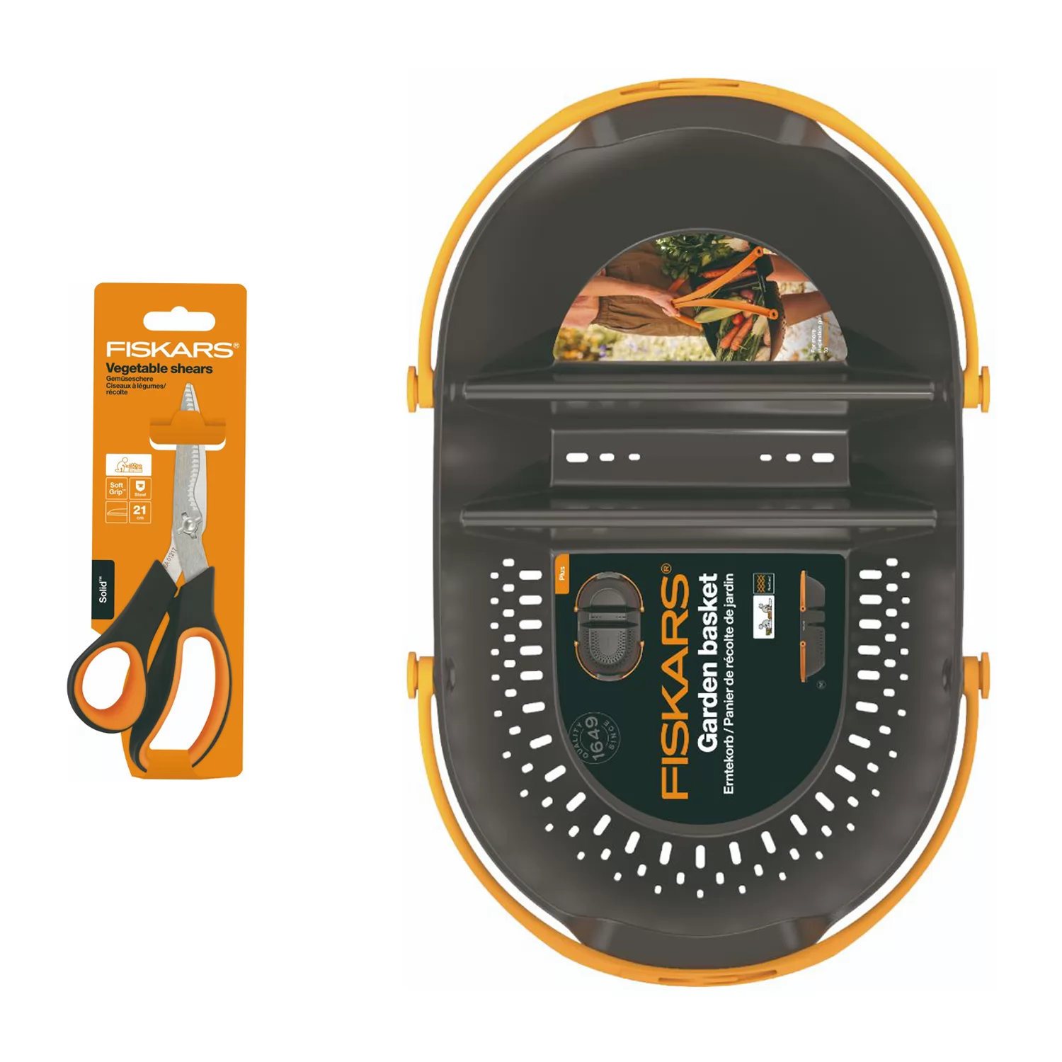 Set cos de gradina + foarfeca de recoltat Fiskars Plus