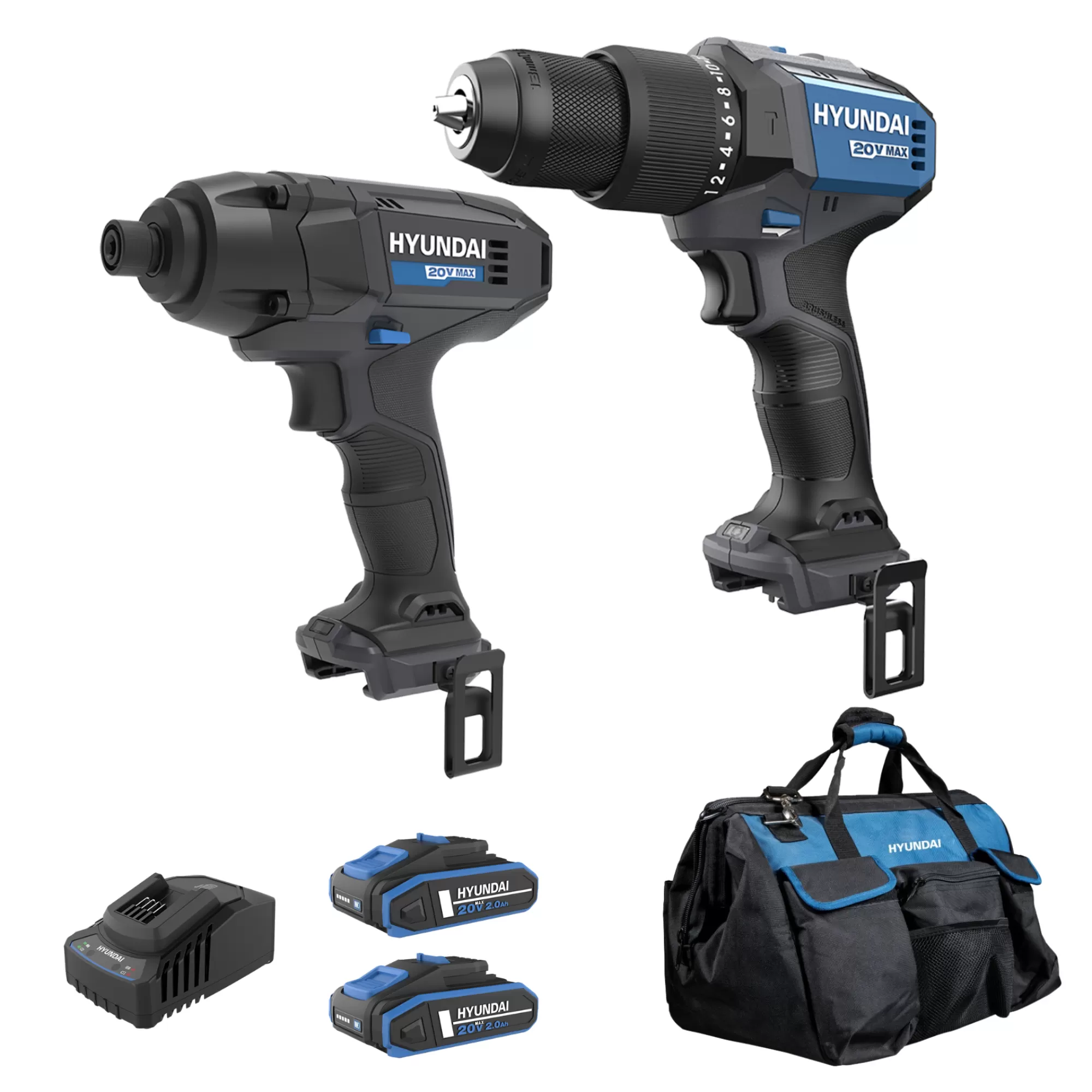 Set Masina de gaurit si insurubat cu percutie Hyundai HD20X-60TT + Masina de insurubat cu impact Hyundai Solo ID20S-180Nm, 2 acumulatori 20V 2Ah, incarcator, geanta transport