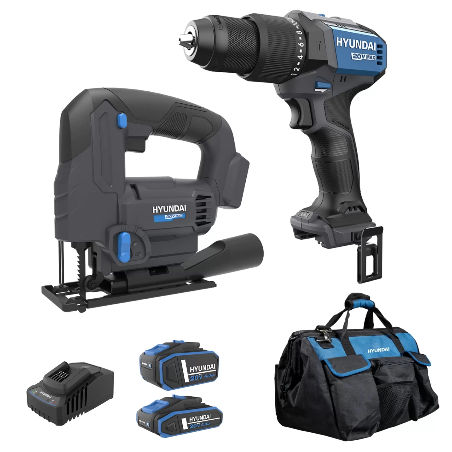 Set Masina de gaurit si insurubat cu percutie Hyundai HD20X-60TT + Fierastrau pendular cu acumulator Hyundai Solo JS20S-24, 1 acumulator 20V 4Ah, 1 acumulator 20V 2Ah, incarcator, geanta transport