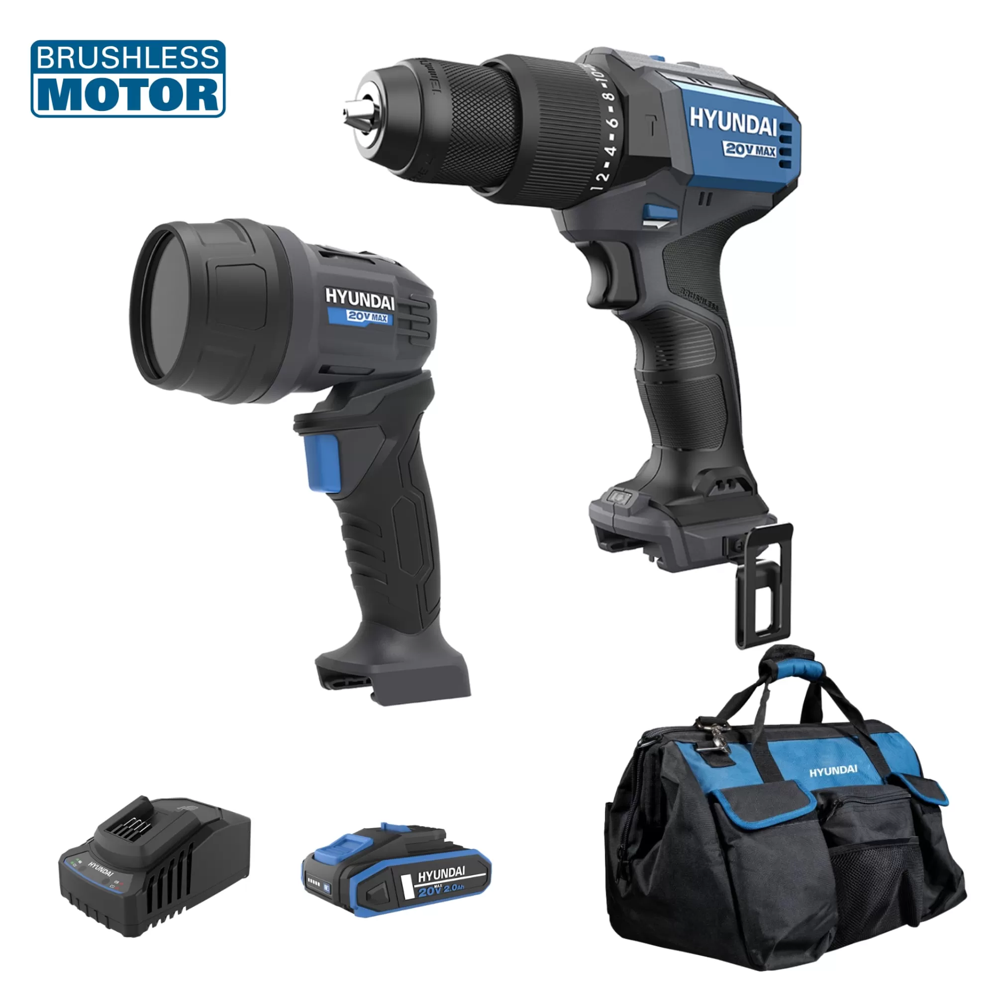 Set masina de gaurit si insurubat cu percutie brushless Hyundai HD20X-60TT + lampa LED Hyundai WL20S-250 Solo, 1 accumulator 20V 2Ah, incarcator, geanta