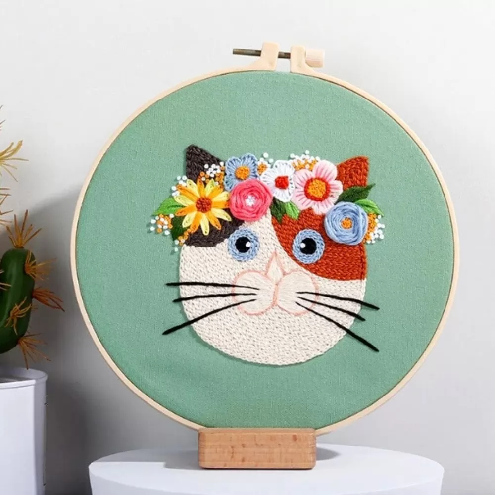 Kit Broderie DIY, Pisicuta cu flori, Verde