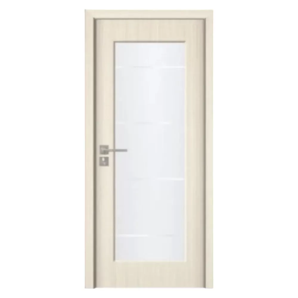 Usa Interior din MDF Novo Doors ND110-1, Cadru din Lemn Masiv, Geam Sablat, KIT COMPLET, Toc , Manere si balamale incluse (Culoare: Crem, Dimensiune: 70 cm, Toc: Reglabil 10 cm, Maner: Patrat auriu inchidere magnetica)