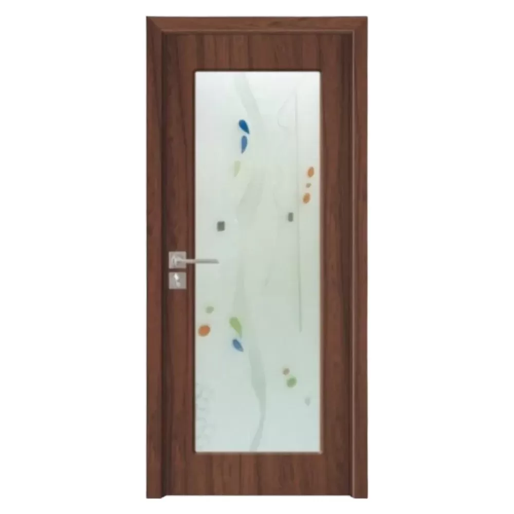 Usa Interior din MDF Novo Doors ND110, Cadru din Lemn Masiv, Geam Sablat, KIT COMPLET, Toc , Manere si balamale incluse (Culoare: Nuc, Dimensiune: 80 cm, Toc: Fix, Maner: Patrat auriu inchidere magnetica)