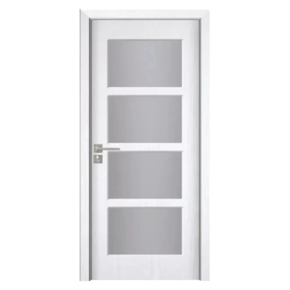 Usa Interior din MDF Novo Doors ND317, Cadru din Lemn Masiv, Geam Sablat, KIT COMPLET, Toc , Manere si balamale incluse (Culoare: Alb, Dimensiune: 60 cm, Maner: Patrat argintiu crom, Toc: Reglabil 30 cm)