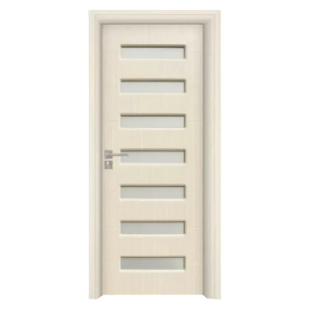 Usa Interior din MDF Novo Doors ND318, Cadru din Lemn Masiv, Geam Sablat, KIT COMPLET, Toc , Manere si balamale incluse (Culoare: Crem, Dimensiune: 70 cm, Toc: Reglabil 30 cm, Maner: Patrat auriu inchidere magnetica)