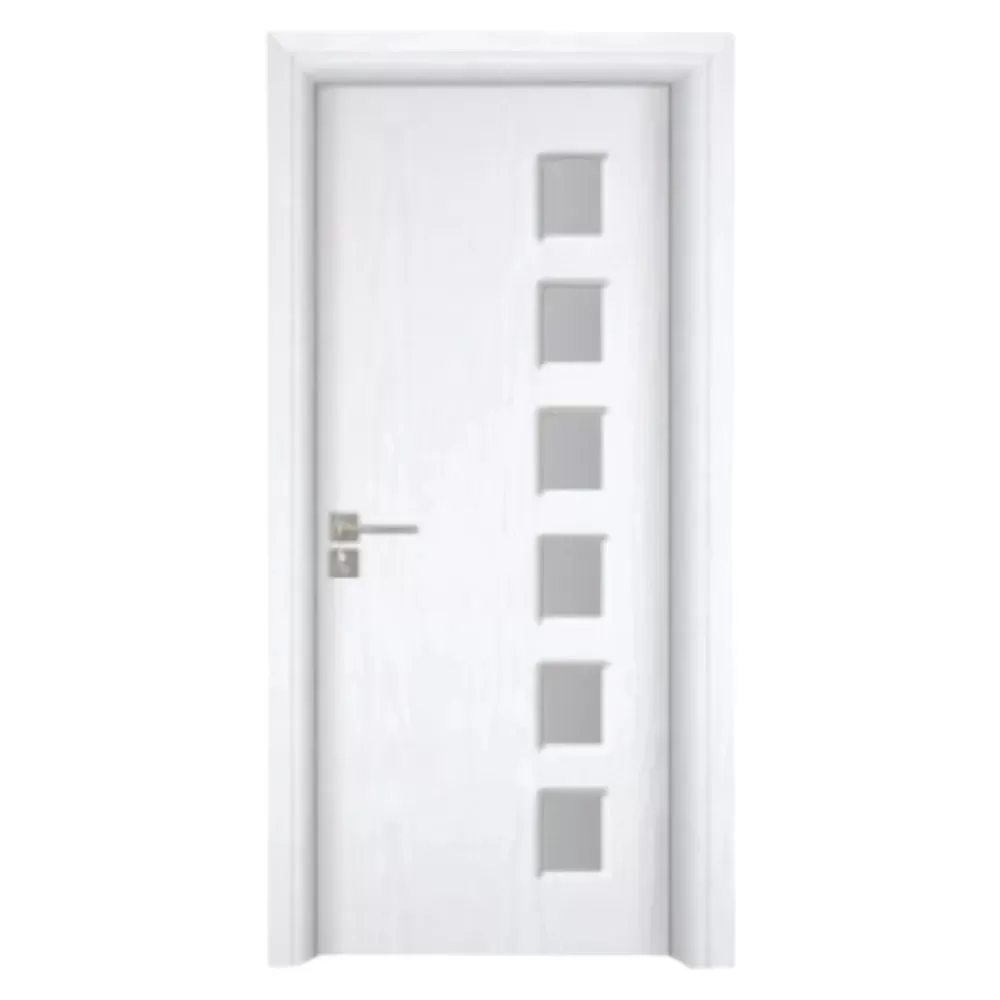 Usa Interior din MDF Novo Doors ND319, Cadru din Lemn Masiv, Geam Sablat, KIT COMPLET, Toc , Manere si balamale incluse (Culoare: Alb, Dimensiune: 80 cm, Toc: Reglabil 10 cm, Maner: Patrat auriu inchidere magnetica)