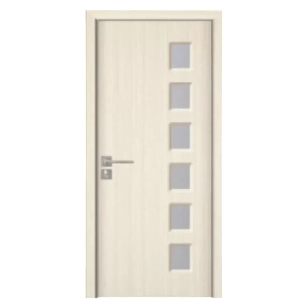 Usa Interior din MDF Novo Doors ND319, Cadru din Lemn Masiv, Geam Sablat, KIT COMPLET, Toc , Manere si balamale incluse (Culoare: Crem, Dimensiune: 70 cm, Toc: Reglabil 10 cm, Maner: Patrat auriu inchidere magnetica)