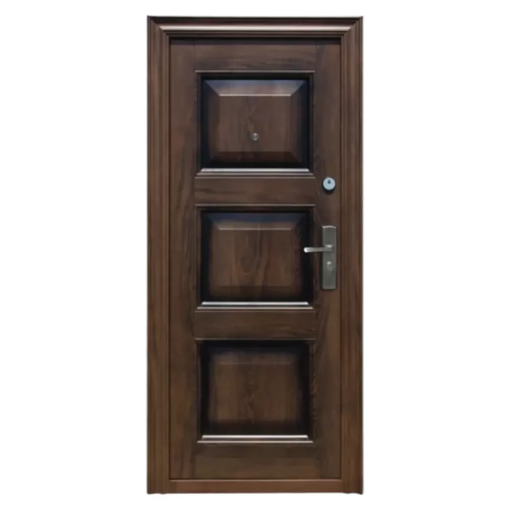 Usa metalica de exterior cu izolatie si vizor Novo Doors ND7002 , 2 yale,tabla 0,7 mm, balamale si clanta incluse, toc de 7 centimetri, pentru casa si apartament, Maron (Sens deschidere: Stanga)