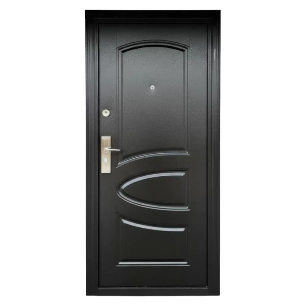 Usa metalica de exterior cu izolatie si vizor Novo Doors ND7005 , 2 yale,tabla 0,7 mm, balamale si clanta incluse, toc de 7 centimetri, pentru casa si apartament, Maron lovitura de ciocan (Sens deschidere: Dreapta)