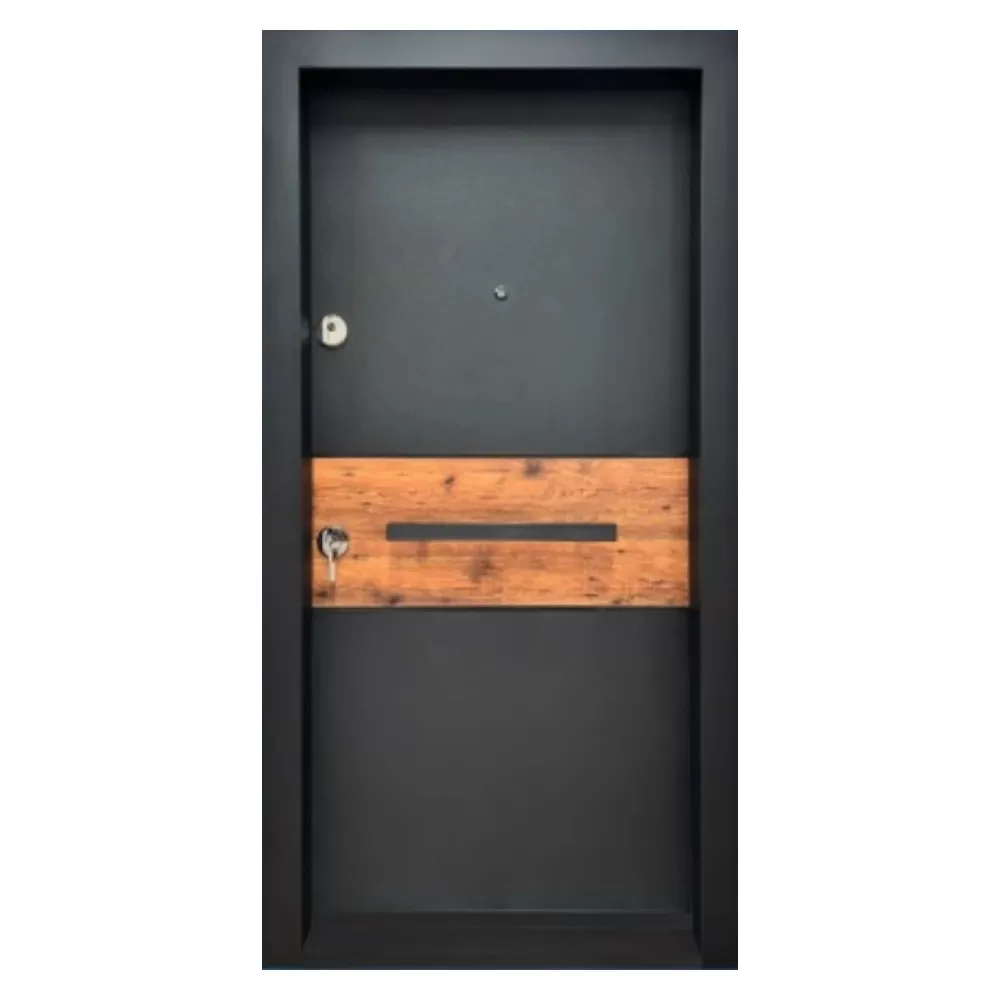 Usa metalica de exterior cu izolatie si vizor Novo Doors NDA2, Din compozit, 2 yale, Kit complet, Pentru case, Gri antracit cu insertie stejar (Sens deschidere: Dreapta)