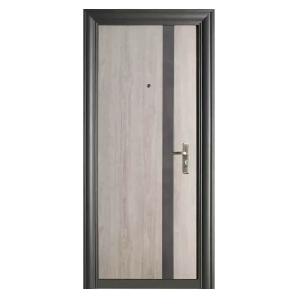 Usa metalica de exterior cu izolatie si vizor Novo Doors NDFC7008 , 2 yale,tabla 0,7 mm, balamale si clanta incluse, toc de 7 centimetri, pentru casa si apartament, Gri antracit cu insertie Stejar (Sens deschidere: Dreapta)