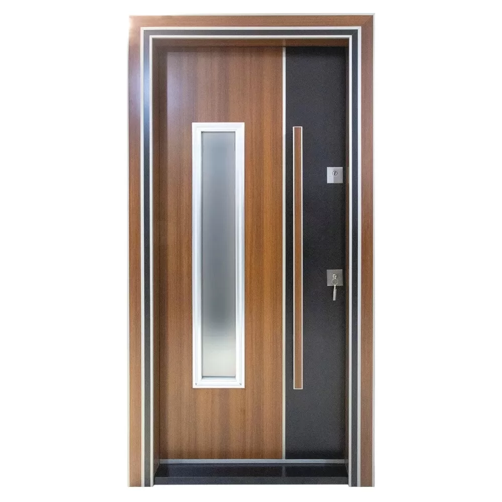 Usa metalica de exterior cu izolatie si vizor Novo Doors NDS1000S, Din compozit, 2 yale, Kit complet, Pentru case, (Culoare: Nuc, Geam: Fara geam, Sens deschidere: Stanga)