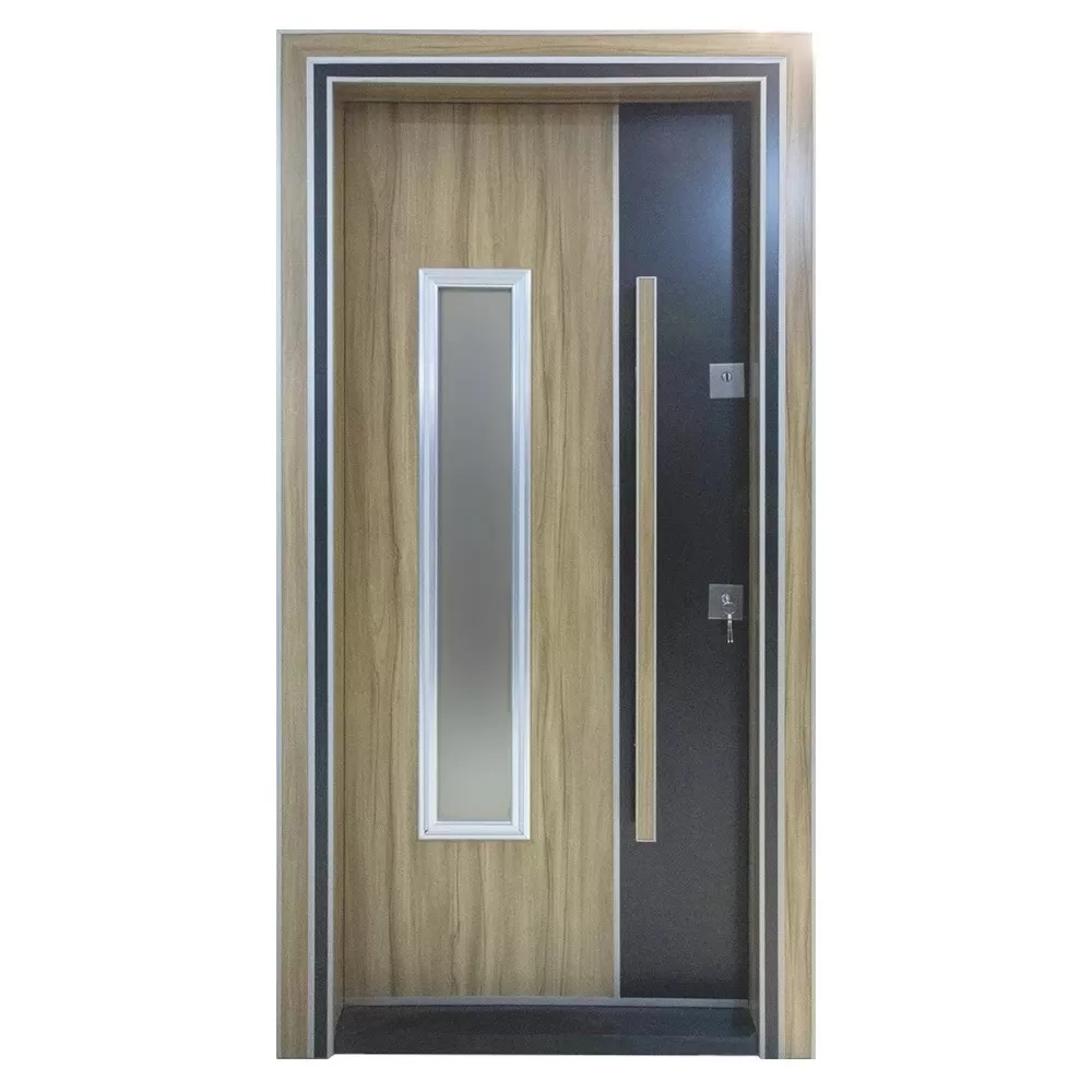 Usa metalica de exterior cu izolatie si vizor Novo Doors NDS1000S, Din compozit, 2 yale, Kit complet, Pentru case, (Culoare: Stejar Deschis, Geam: Sticla securizata, Sens deschidere: Stanga)
