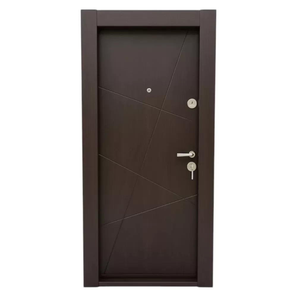 Usa metalica de apartament cu izolatie si vizor Novo Doors First Class NDS18W, Cu toc imbracat si folie PVC, Deschidere Stanga Dreapta, Dimensiune 200X88 cm, Tabla 1.2 mm, Kit complet, Wenge (Sens deschidere: Stanga)